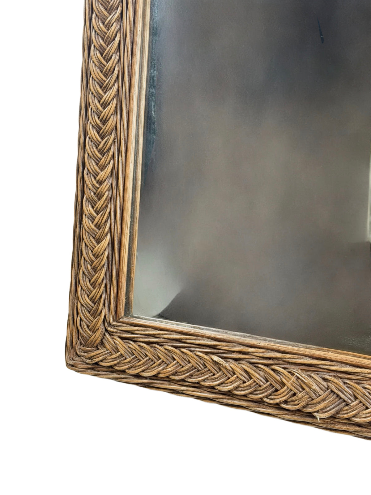 Vintage Arched Wicker Wall Mirror with Basket-Weave Panel and Braided Frame