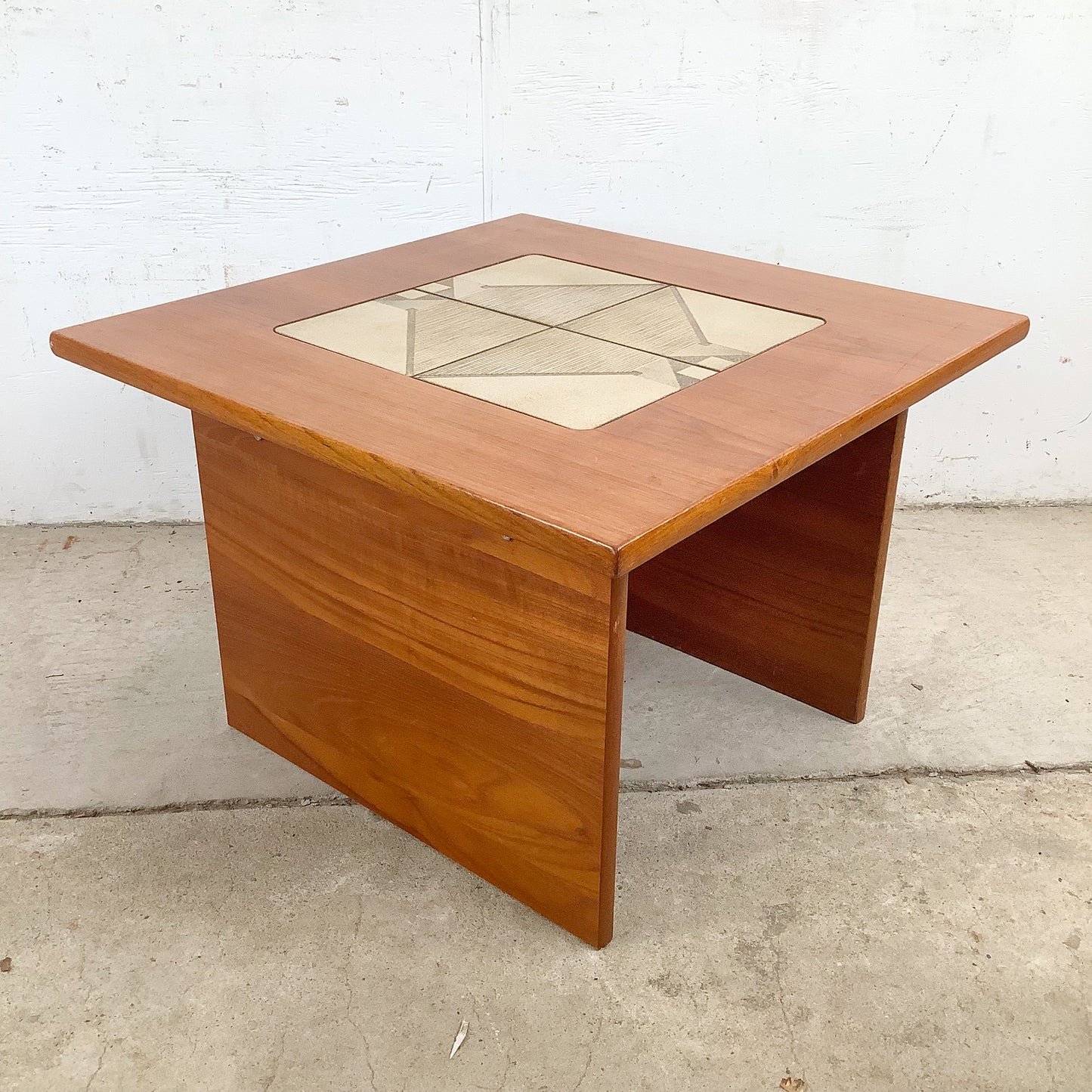 Vintage Danish Modern Teak Side Table with Ceramic Tile Inset — Geometric, Scandinavian, 1960s–1970s