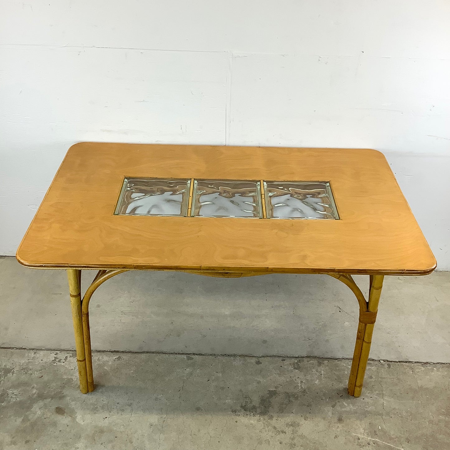 Vintage Bamboo Dining Table With Glass Inserts