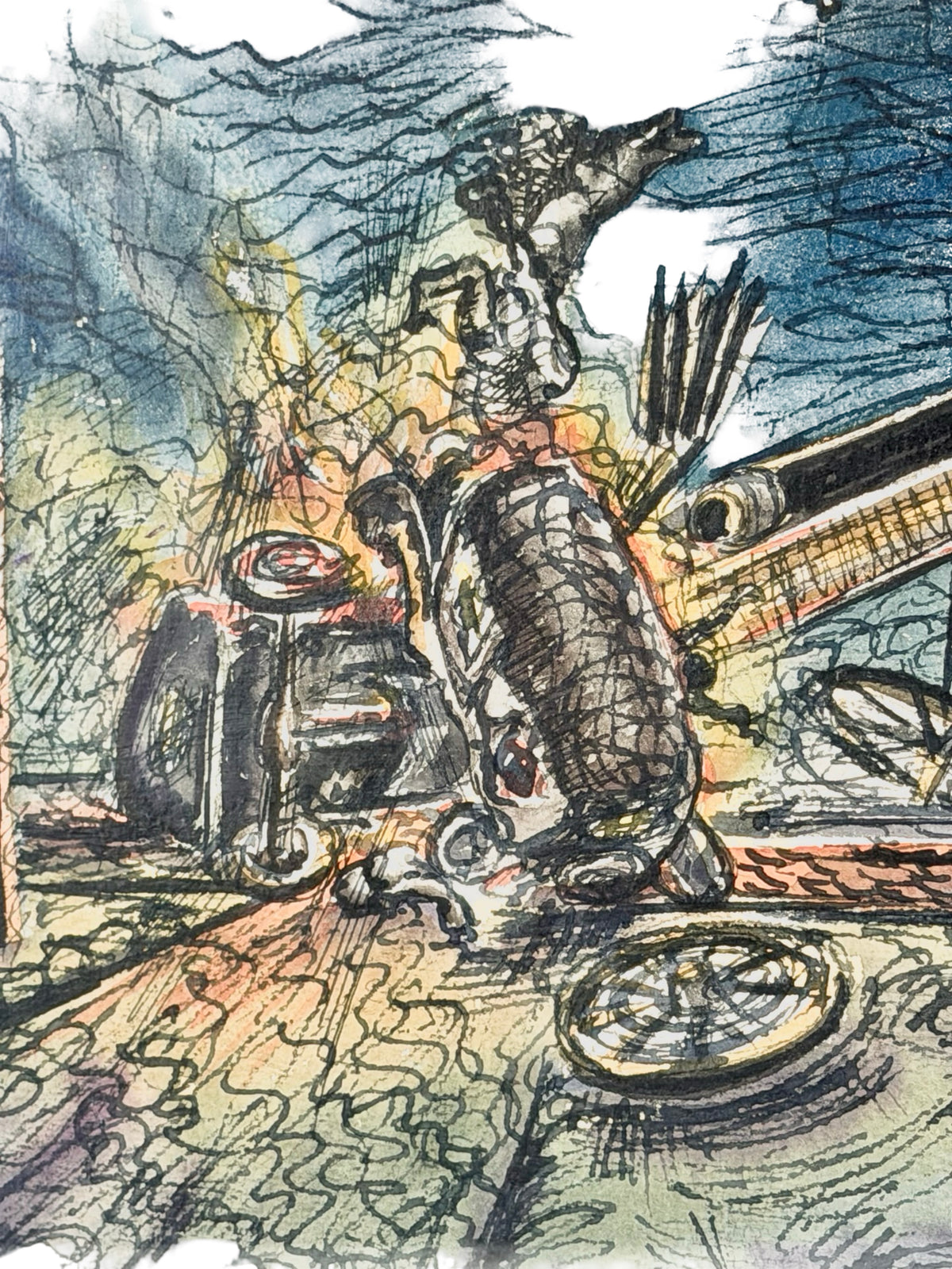 William H. Ferguson Signed Surrealist Carriage Crash Framed Mixed Media Artwork