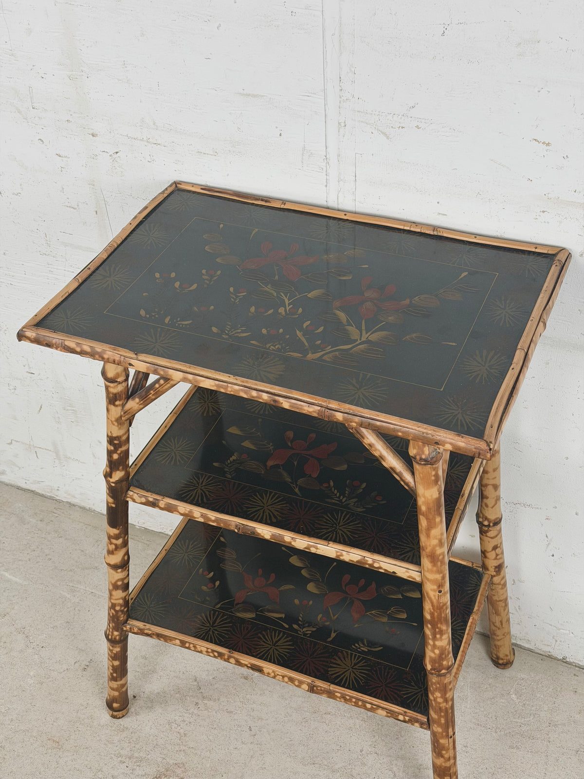 Antique Victorian Aesthetic Movement Tiger Bamboo Three-Tier Side Table with Floral Shelves