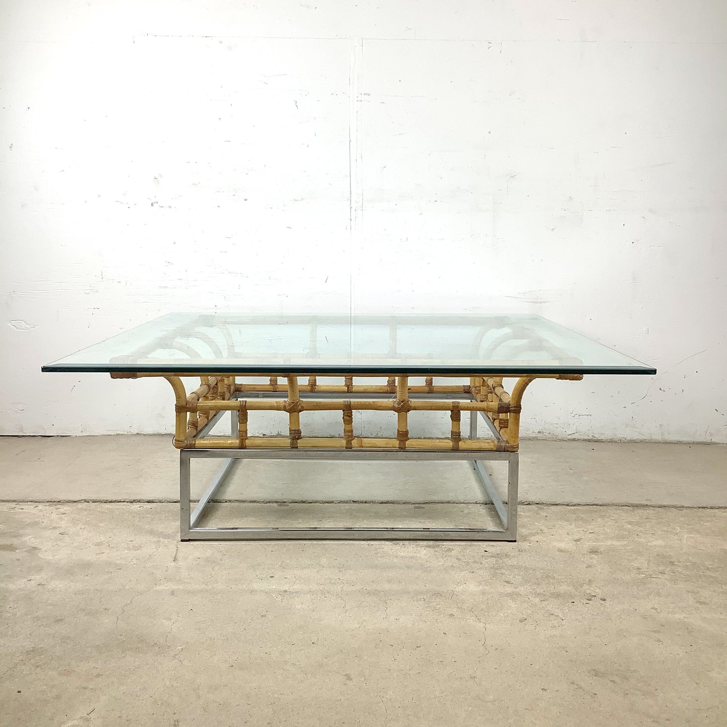 Vintage Hollywood Regency Bamboo, Chrome, and Glass Square Coffee Table
