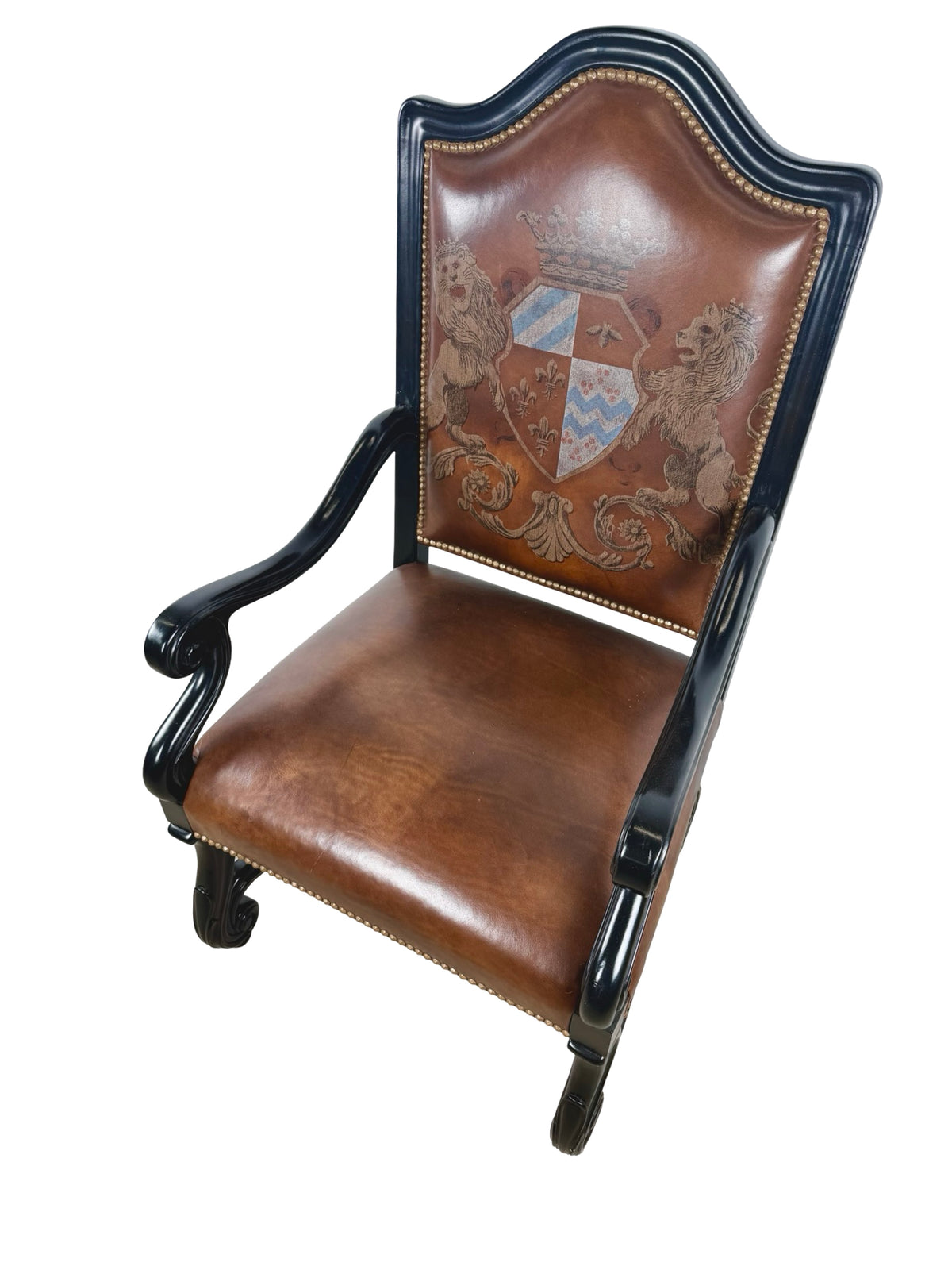 Ferguson Copeland Carved Wood & Leather Crest Armchair