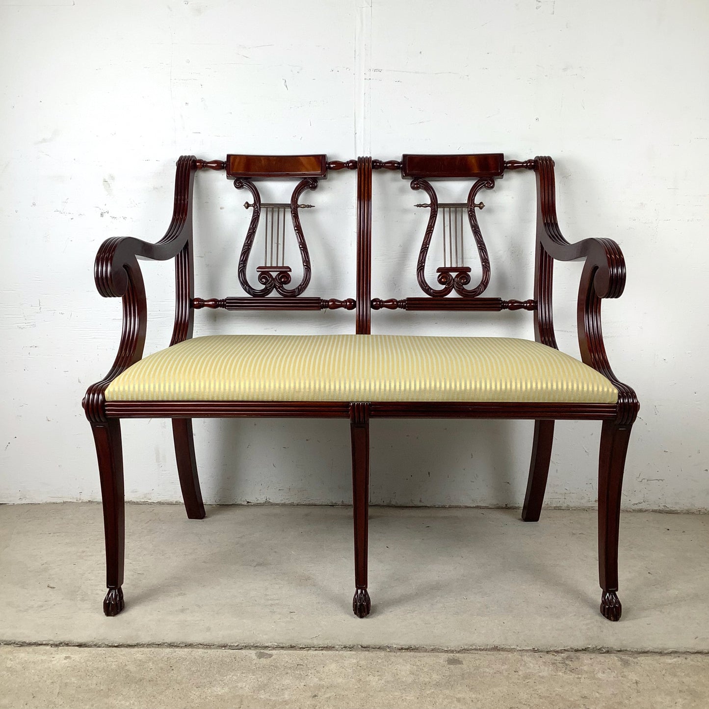 Dual Lyre-Back Mahogany Settee- Federal Revival Bench