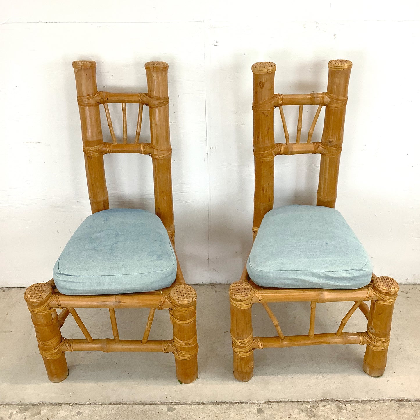 Pair Tall Boho Modern Bamboo Chairs