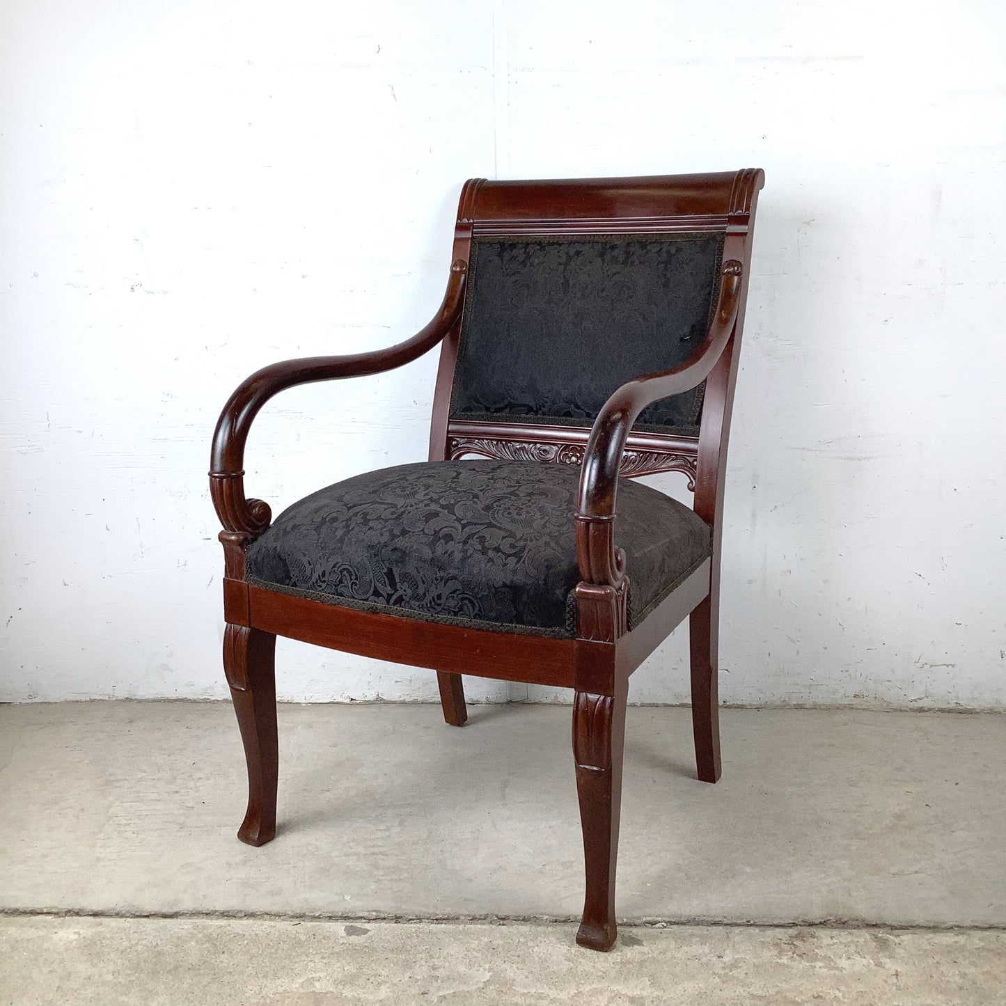 Empire Style Mahogany Armchair | Carved Acanthus Frame | Black Damask Upholstery | Neoclassical
