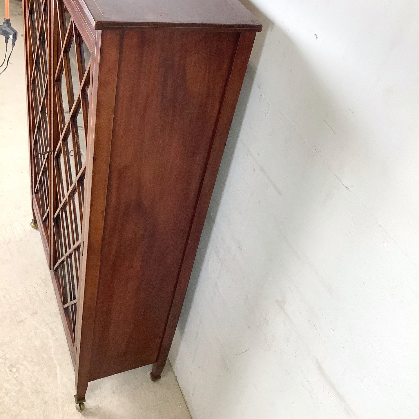 Edwardian Revival Mahogany Diamond Lattice Glazed Bookcase | Satinwood Inlay | Brass Casters