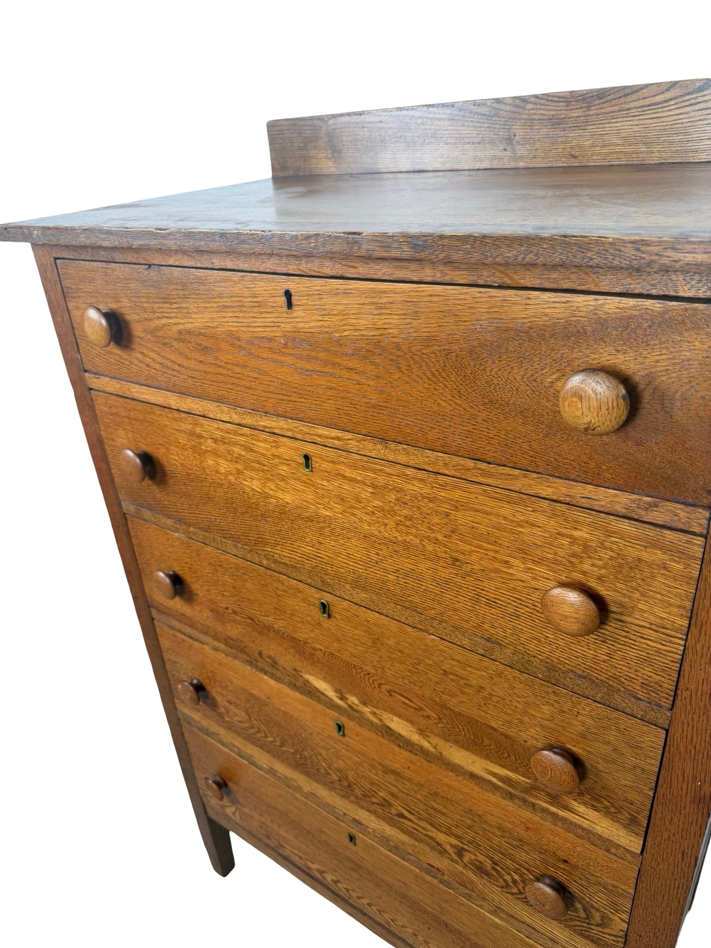 Antique Early 1900s Oak Five-Drawer Tall Chest of Drawers