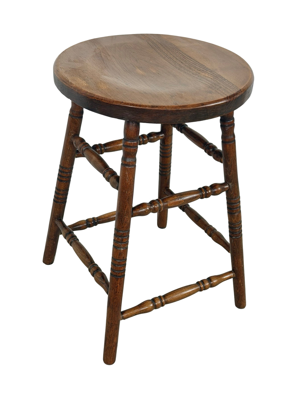 Antique Country Turned-Leg Round Wooden Stool, Primitive Farmhouse