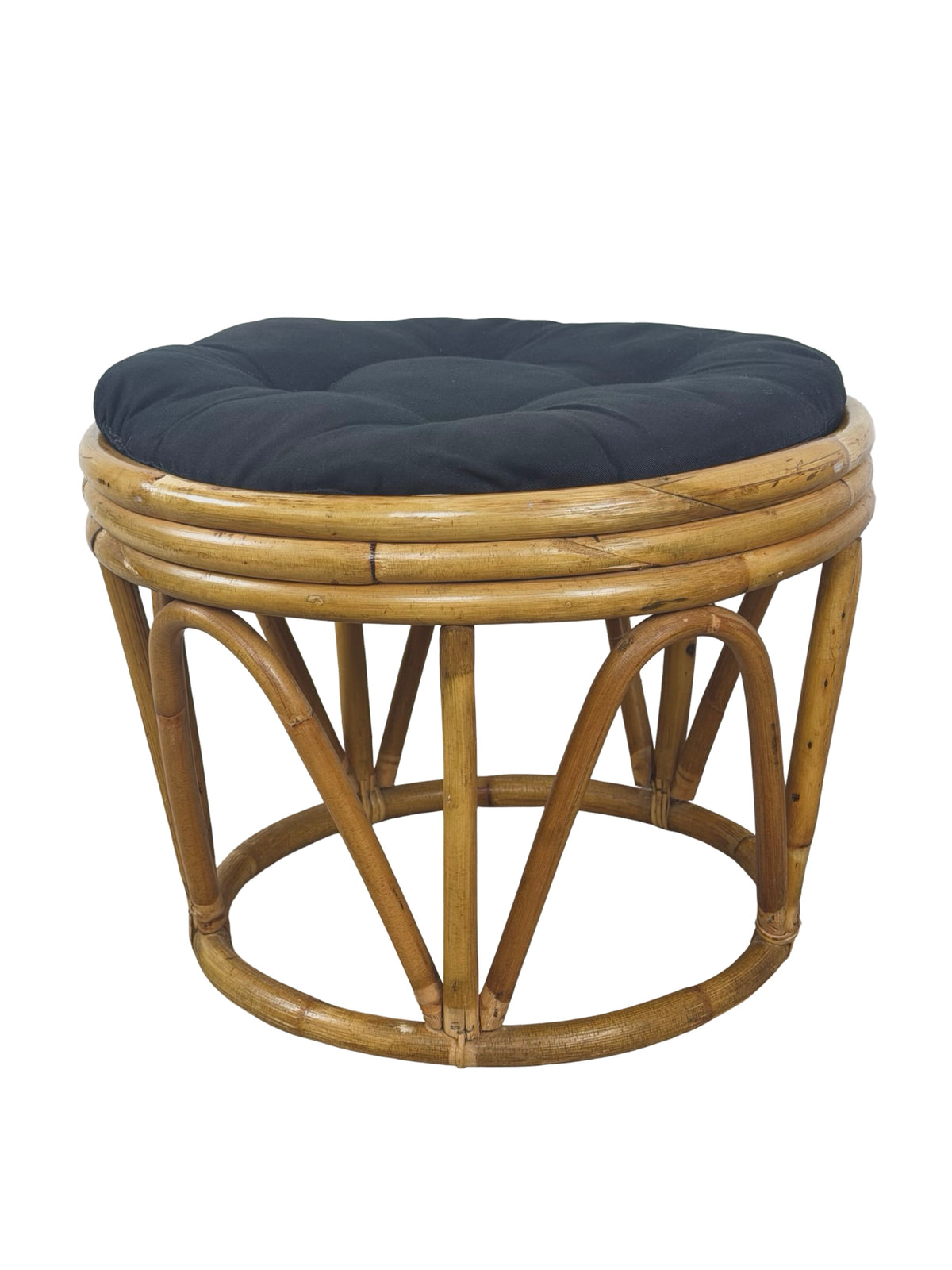 Pair of Vintage Rattan Bamboo Round Ottoman Footstools with Black Cushions, 1970s