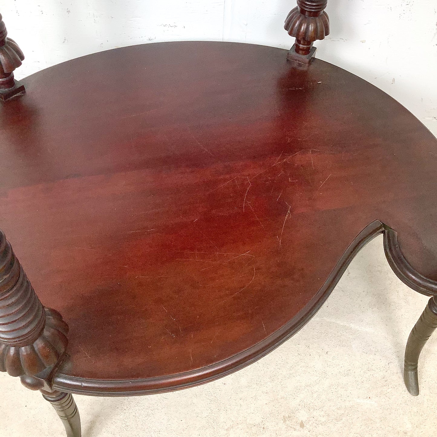 Antique Mahogany Two-Tier Kidney Table | Bobbin Turning | Brass Sabre Feet