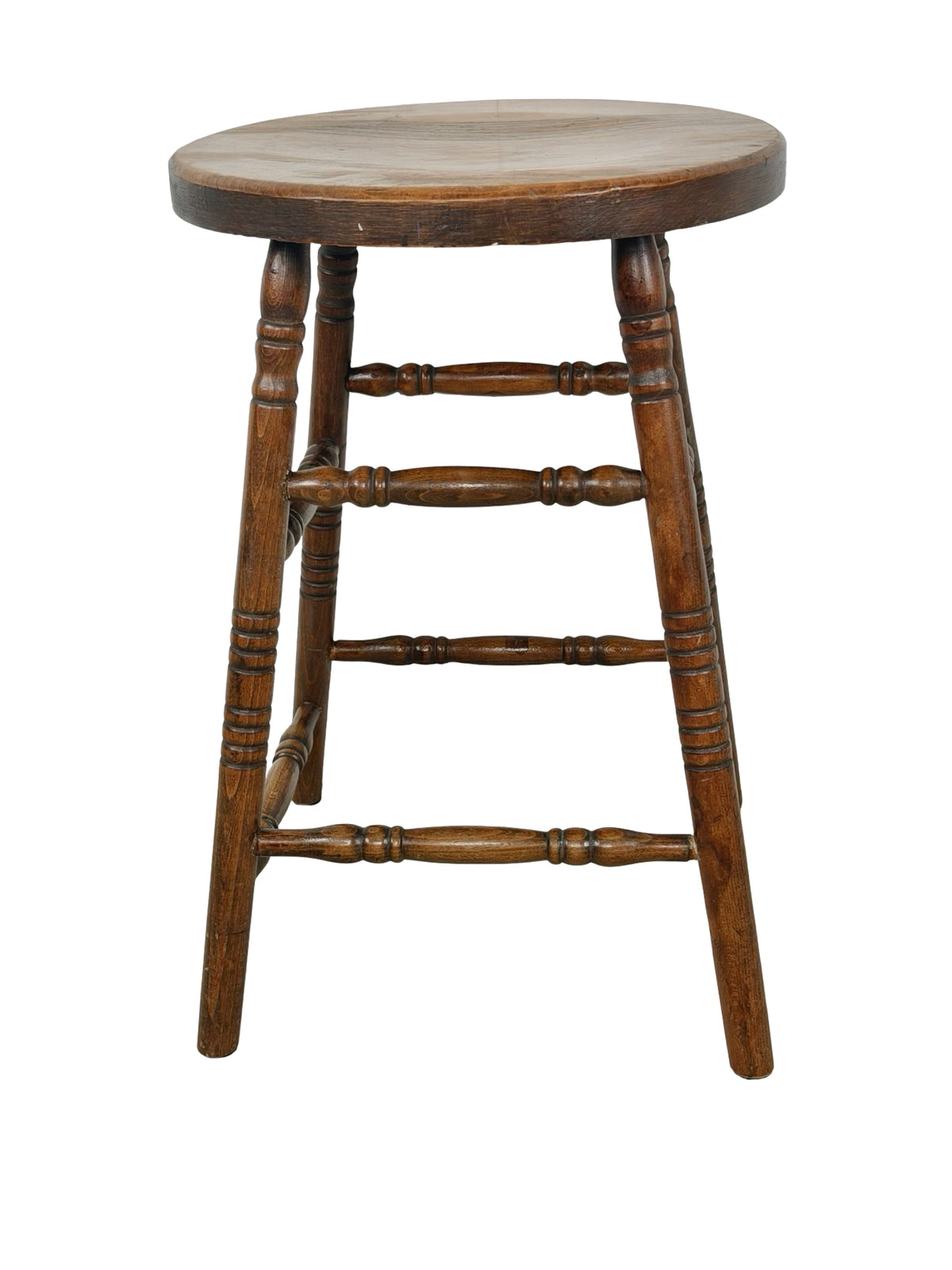 Antique Country Turned-Leg Round Wooden Stool, Primitive Farmhouse
