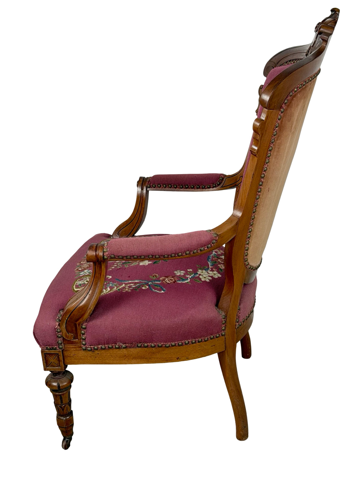 Vintage Renaissance Revival Carved Armchair with Burgundy Floral Upholstery