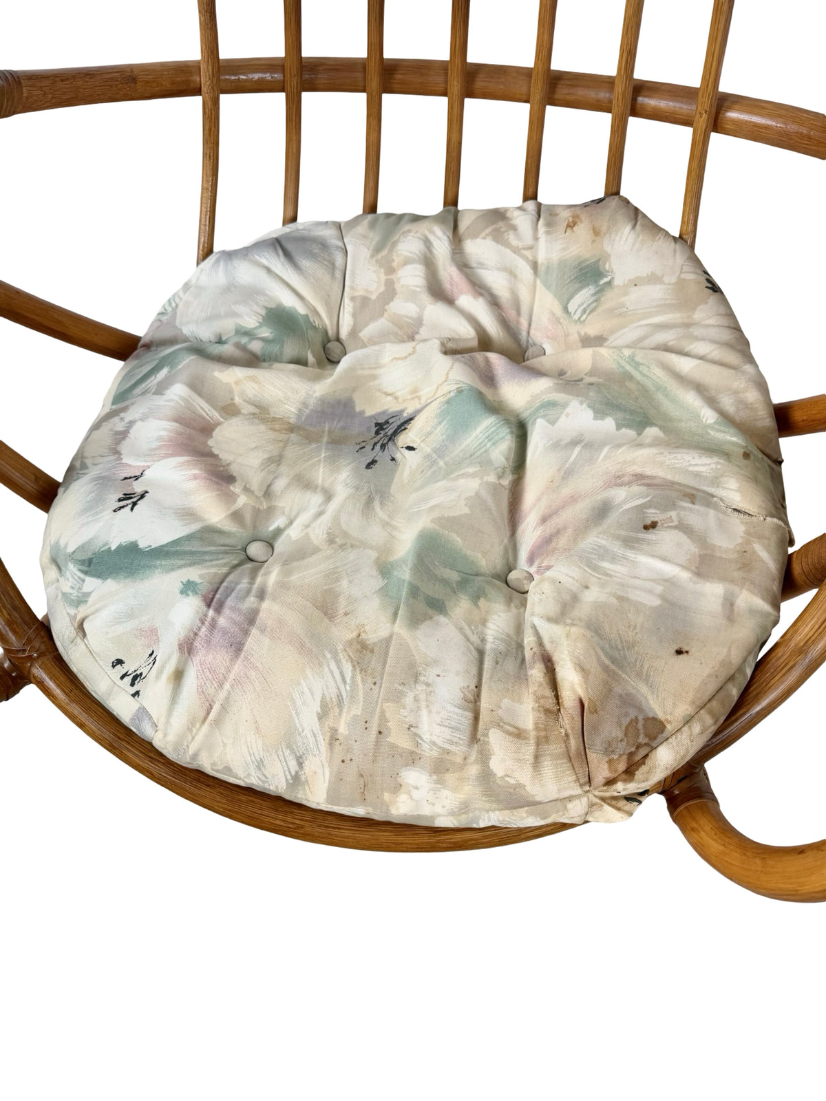 Vintage Rattan Swivel Rocker Lounge Chair with Floral Cushions