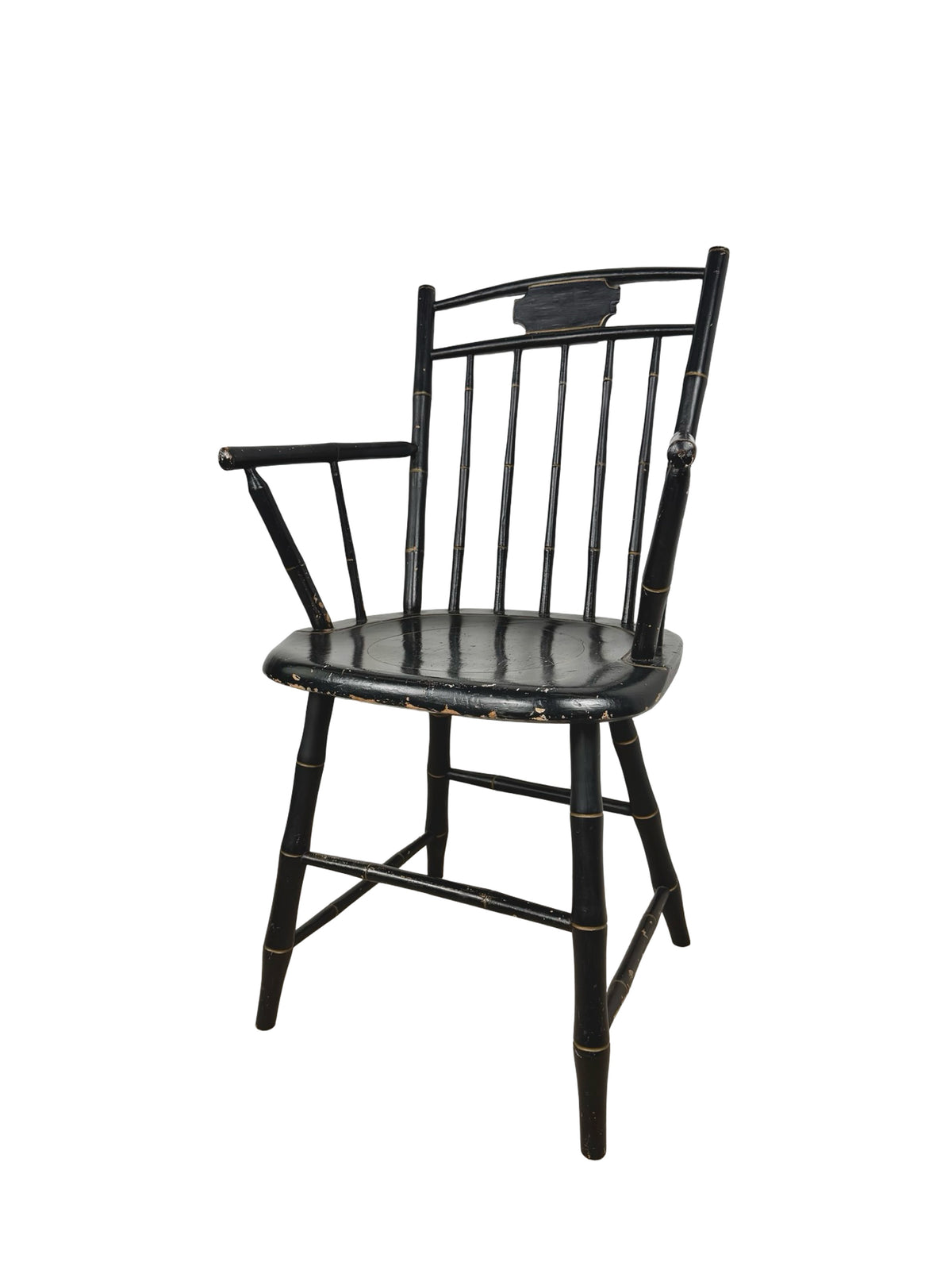 Vintage Black Painted Windsor-Style Armchair with Gold Pinstriping