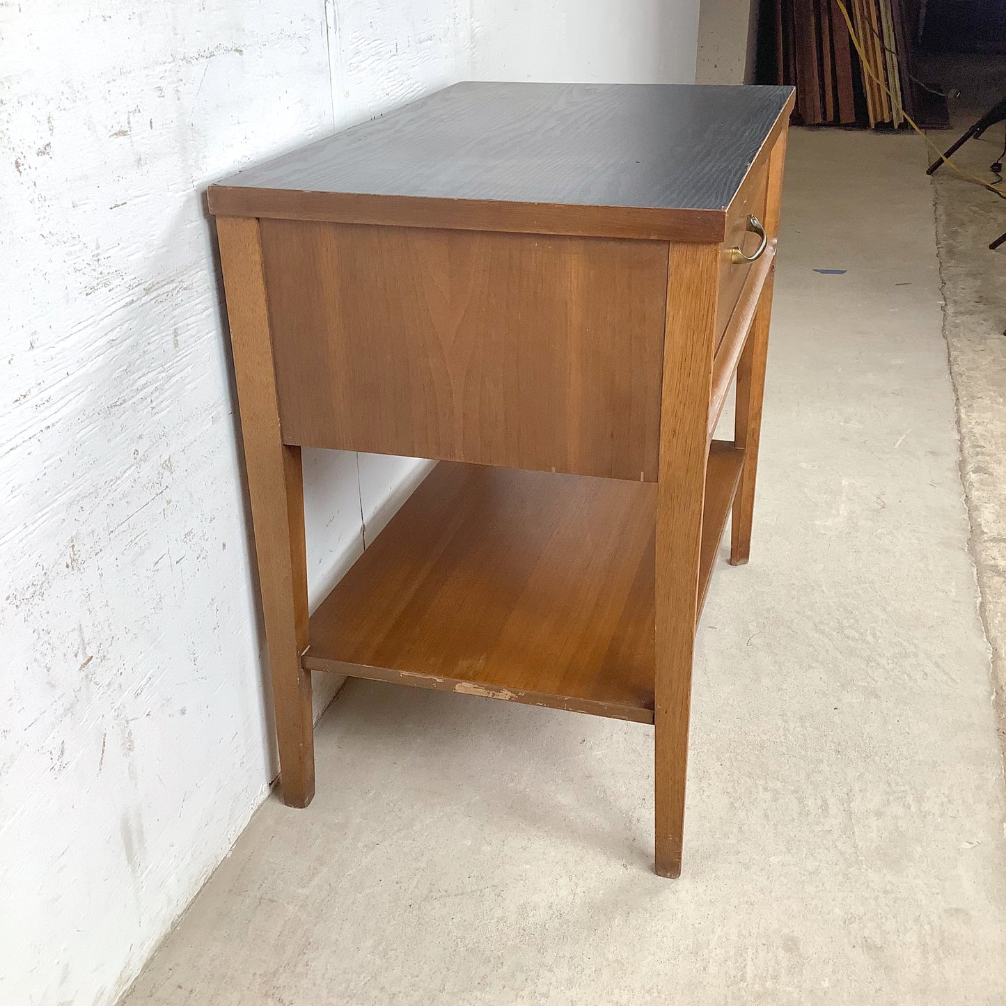 Mid-Century Nightstand with Black Top and Lower Shelf