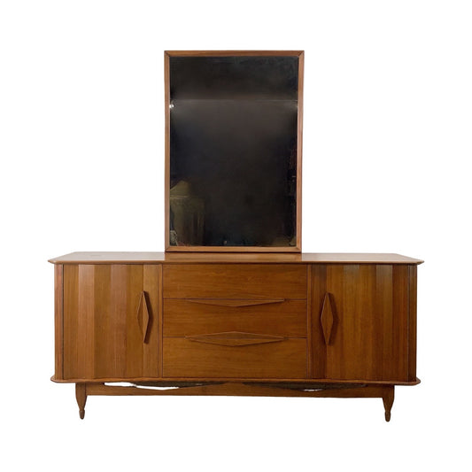 Mid-Century Modern Walnut Dresser and Mirror Set