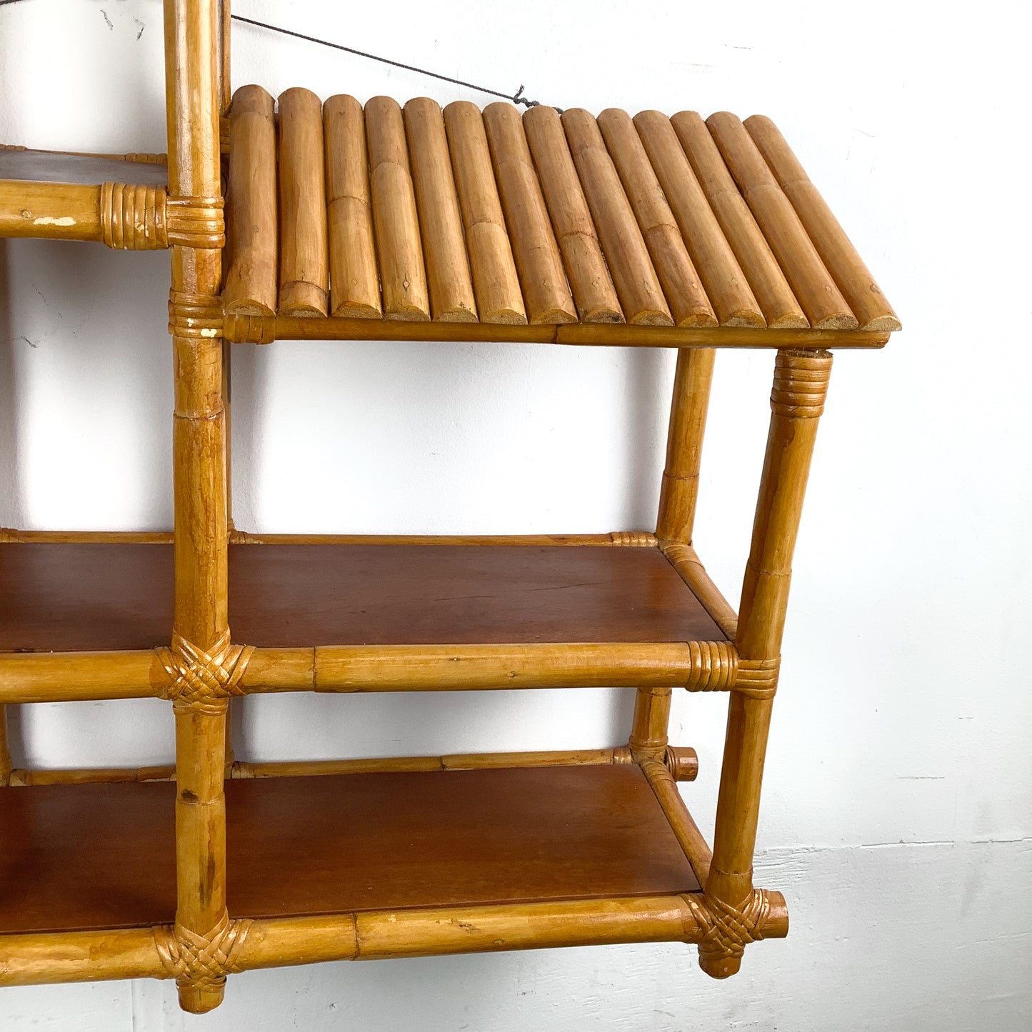 Vintage Bamboo & Rattan Stepped Hanging Wall Shelf | Paul Frankl Skyscraper Style | 1970s Boho Tropical