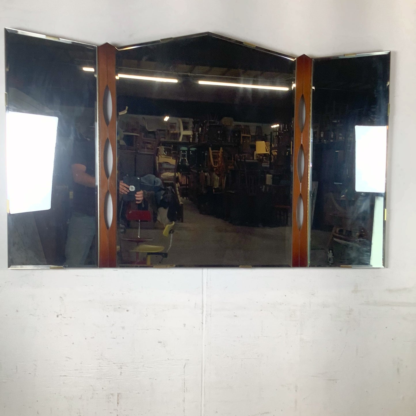 Vintage Mid-Century Modern Walnut Tri-Fold Wall Mirror