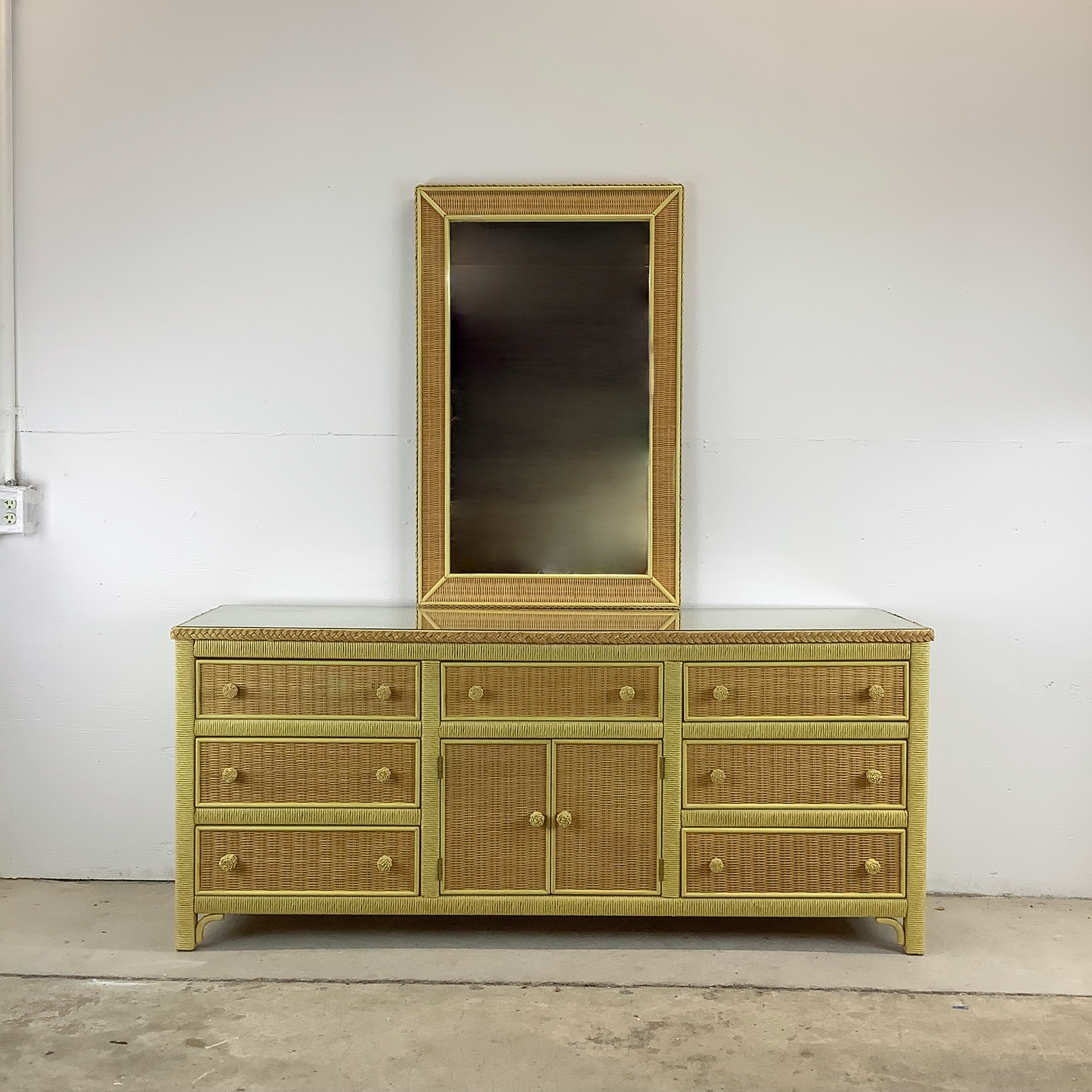 Vintage Nine Drawer Wicker Dresser w/Mirror by Henry Link for Lexington