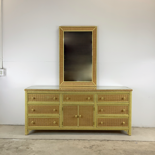 Vintage Nine Drawer Wicker Dresser w/Mirror by Henry Link for Lexington