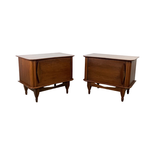 Vintage Mid-Century Walnut Nightstands with Sculpted Door Pulls – Pair