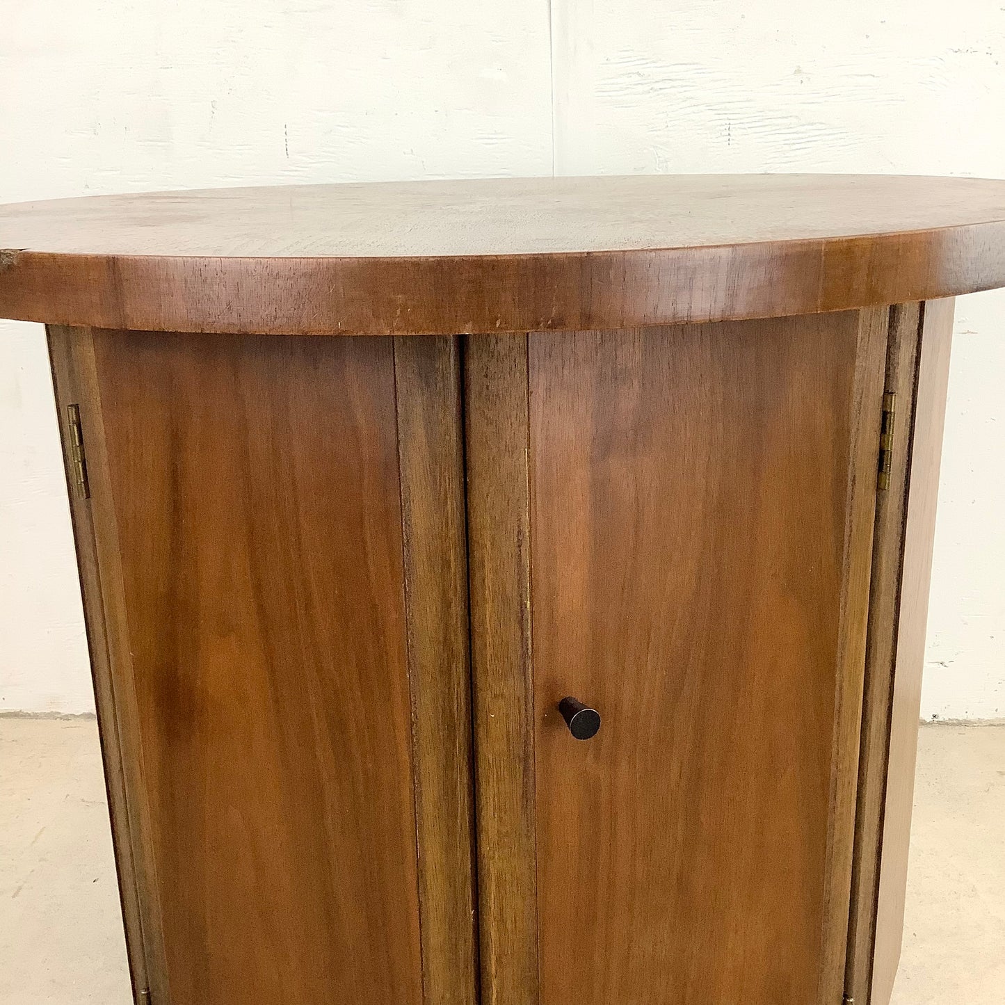 Vintage Mid-Century Circular End Table Cabinet- Walnut Finish