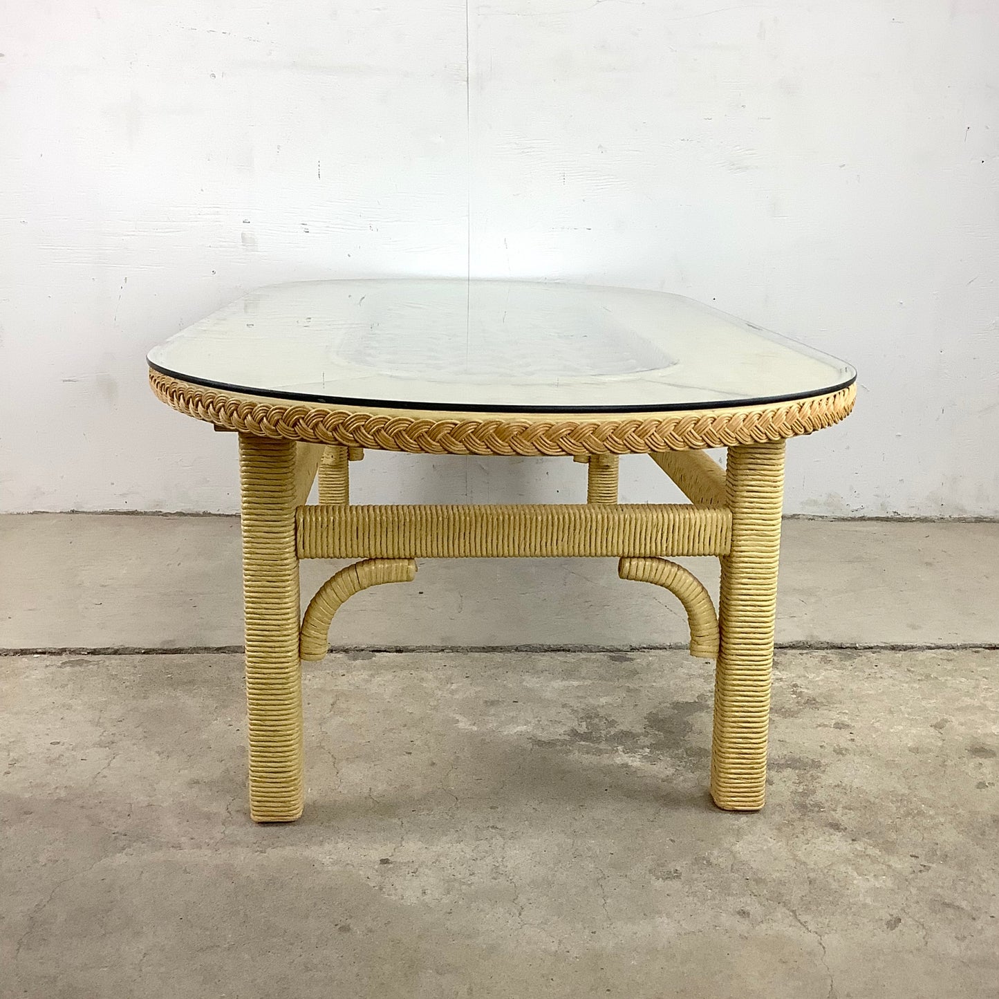 Rustic Style Oval Wicker Coffee Table With Glass Top- Henry Link Inspired