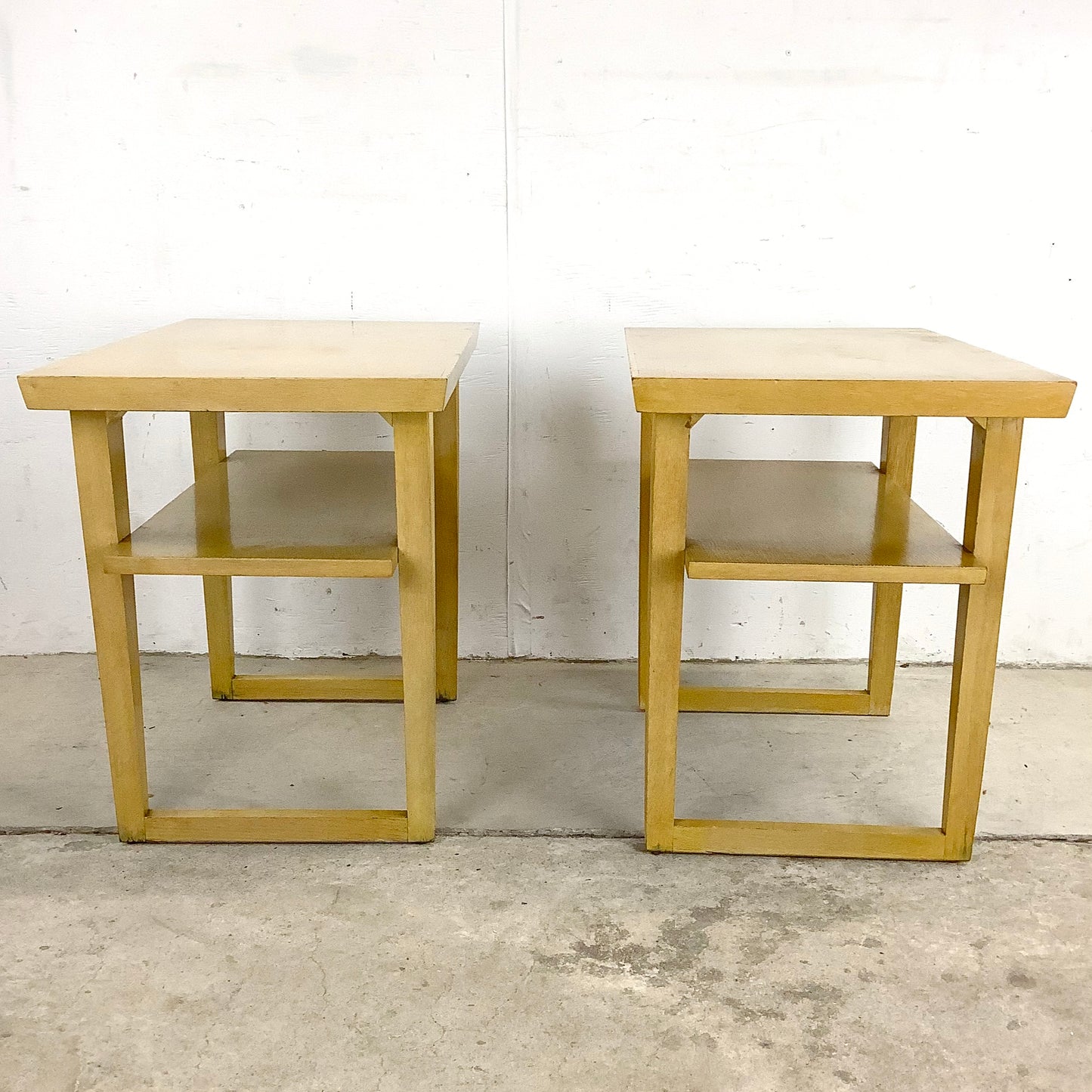 Vintage Modern Two Tier Blonde Side Tables- Pair