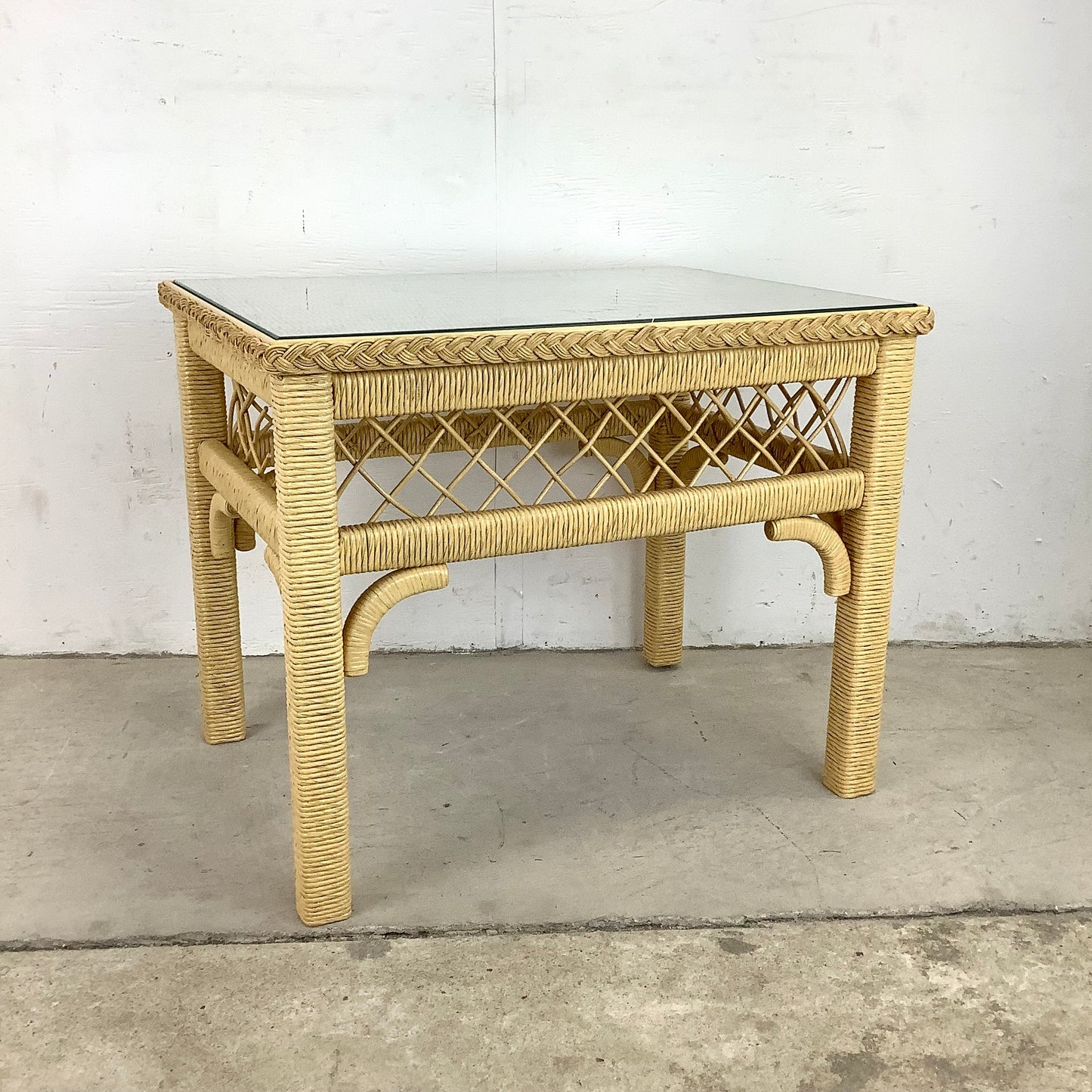 Boho Modern Wicker and Glass Top Side Table- Henry Link Style