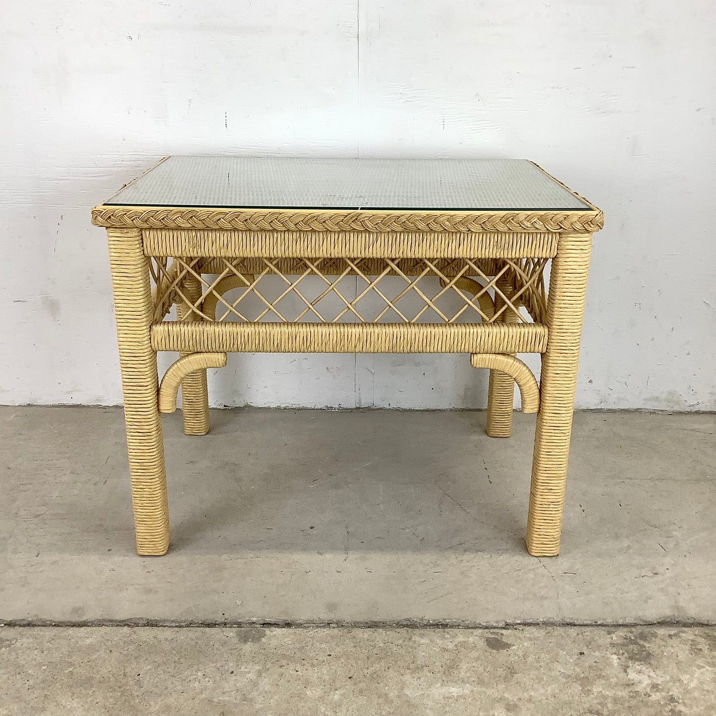 Boho Modern Wicker and Glass Top Side Table- Henry Link Style