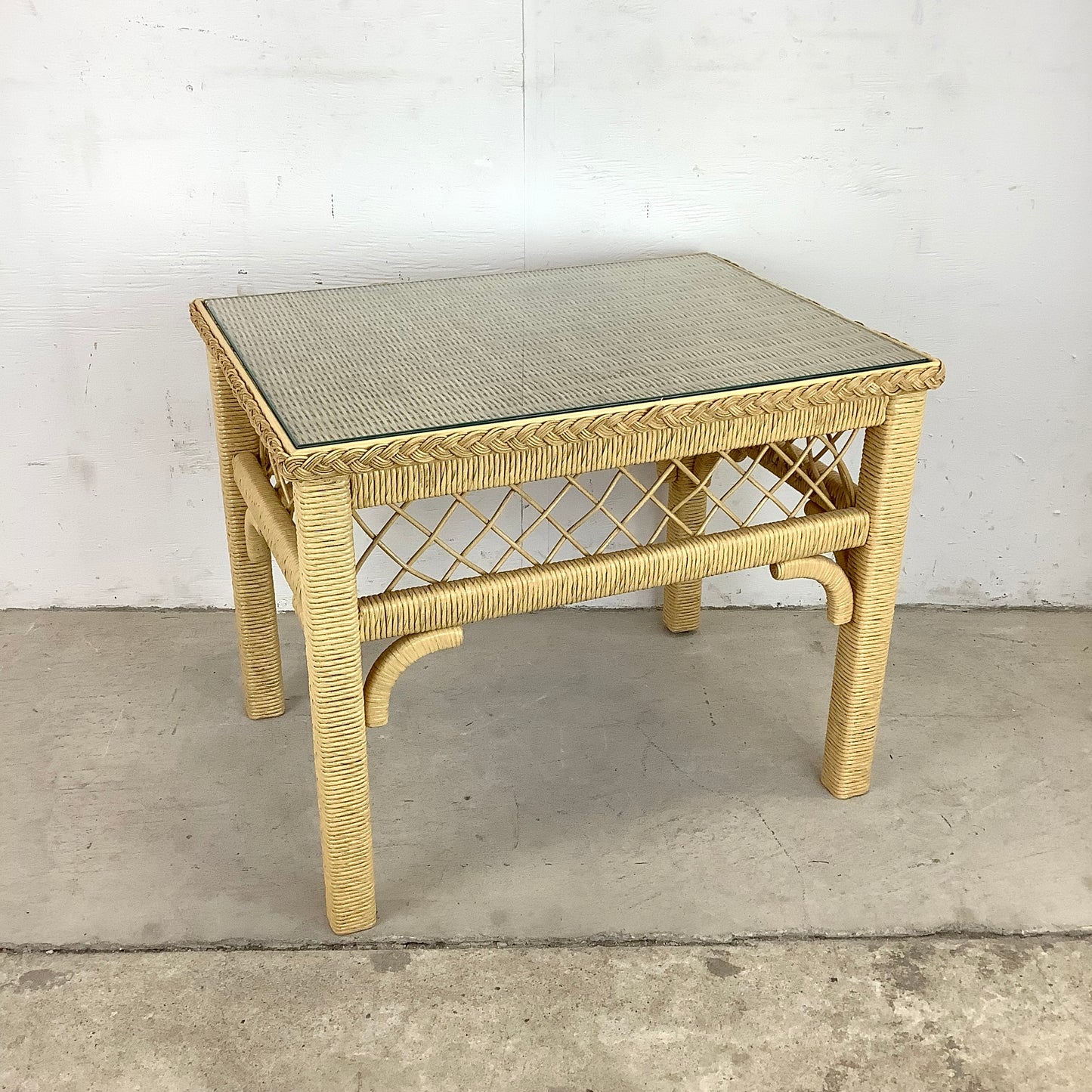 Boho Modern Wicker and Glass Top Side Table- Henry Link Style