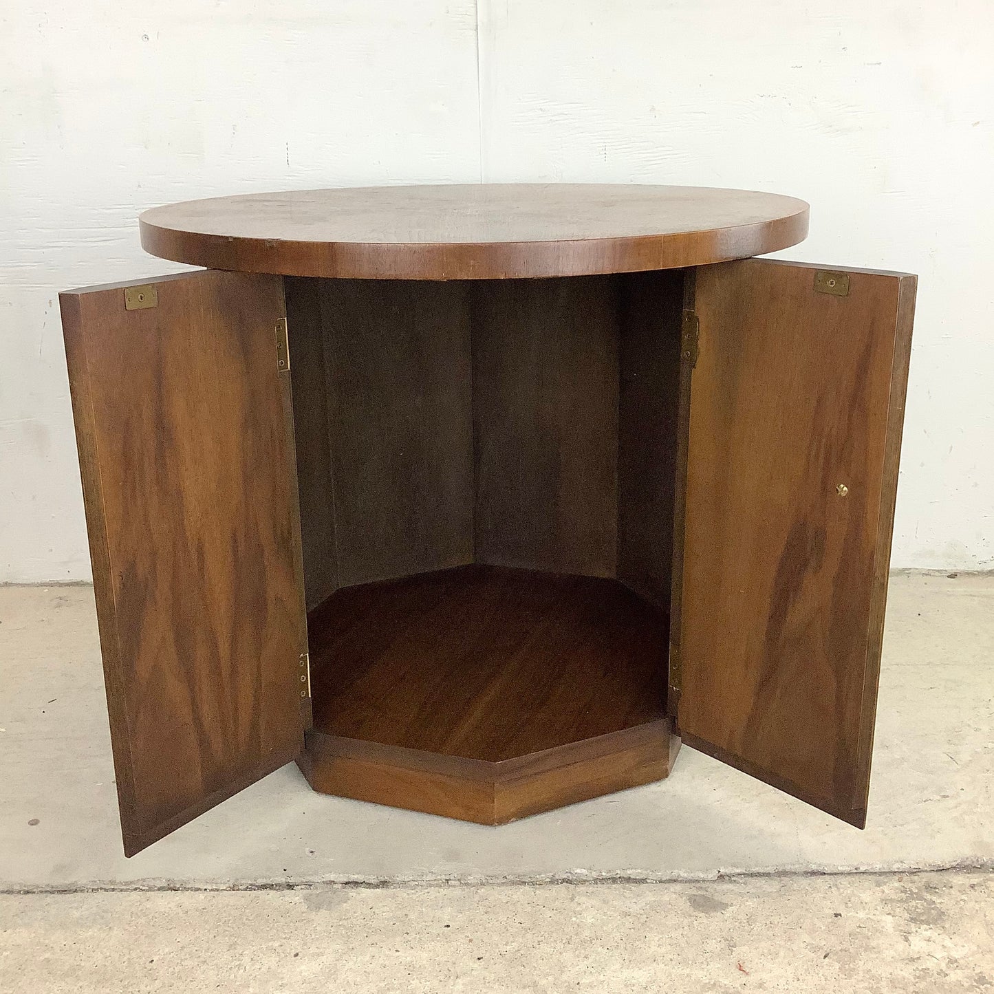 Vintage Mid-Century Circular End Table Cabinet- Walnut Finish