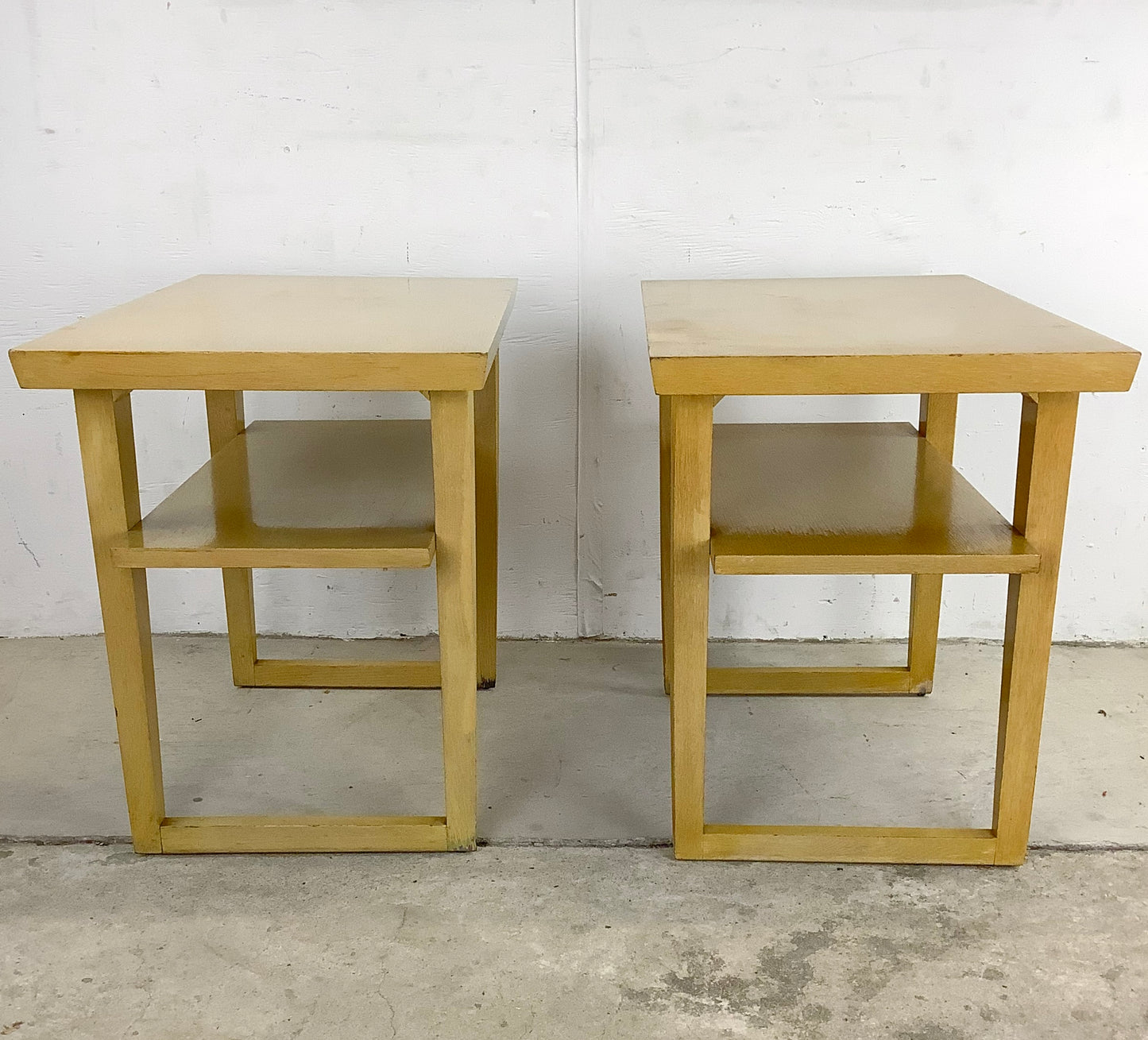 Vintage Modern Two Tier Blonde Side Tables- Pair