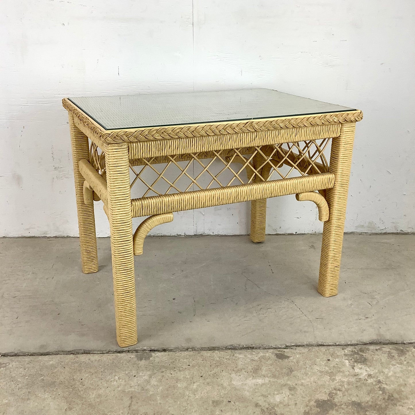 Boho Modern Wicker and Glass Top Side Table- Henry Link Style