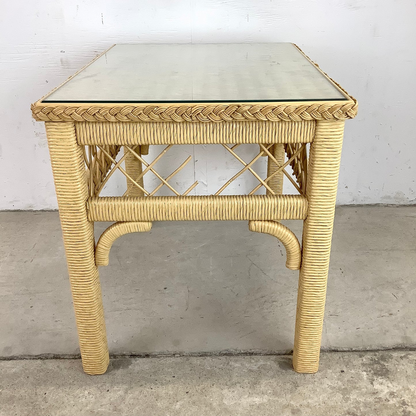 Boho Modern Wicker and Glass Top Side Table- Henry Link Style