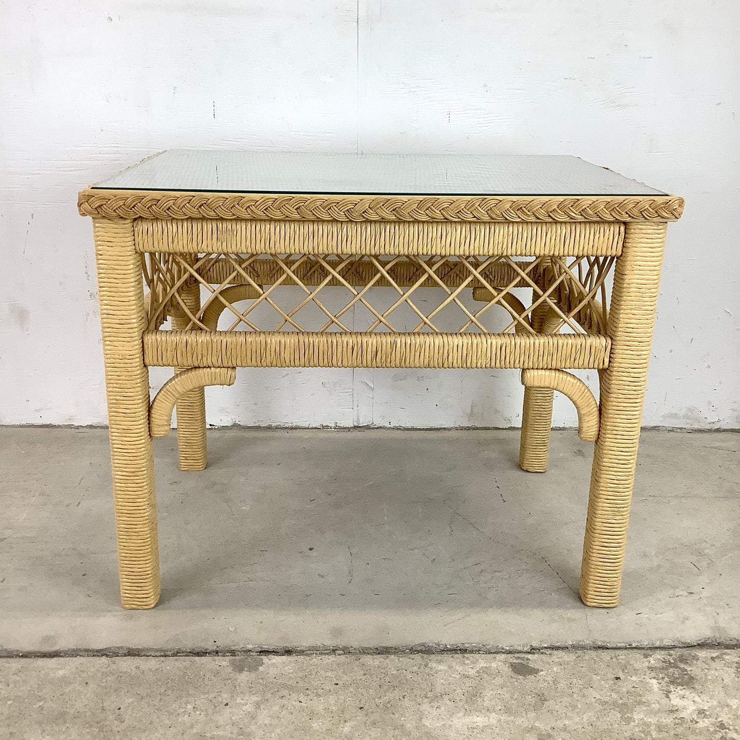 Boho Modern Wicker and Glass Top Side Table- Henry Link Style