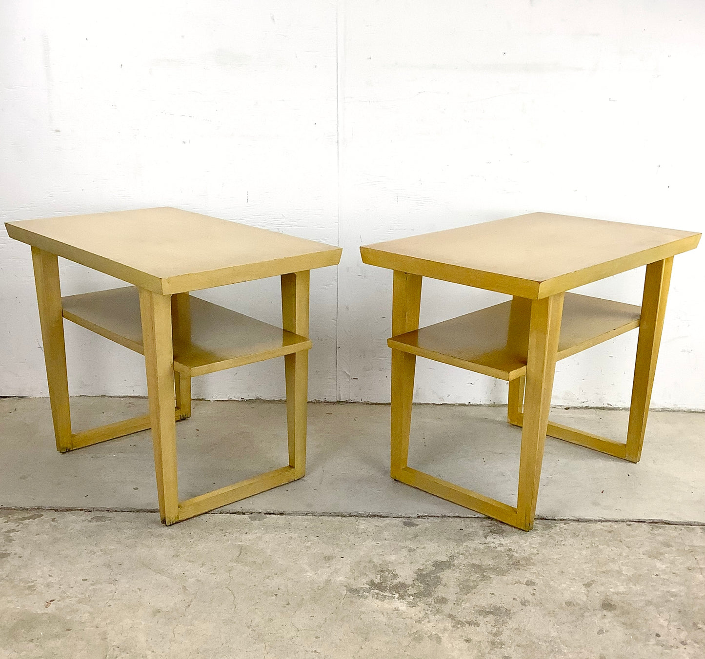 Vintage Modern Two Tier Blonde Side Tables- Pair