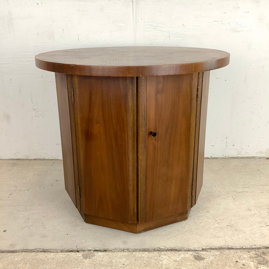 Vintage Mid-Century Circular End Table Cabinet- Walnut Finish