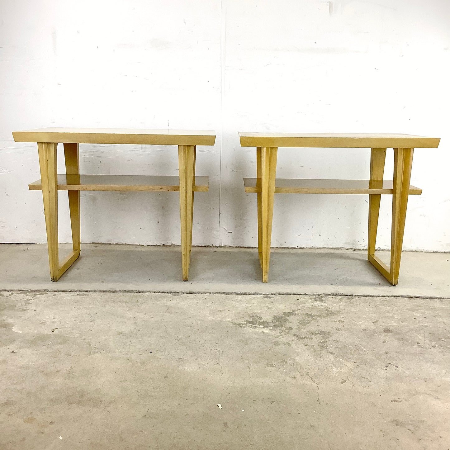 Vintage Modern Two Tier Blonde Side Tables- Pair