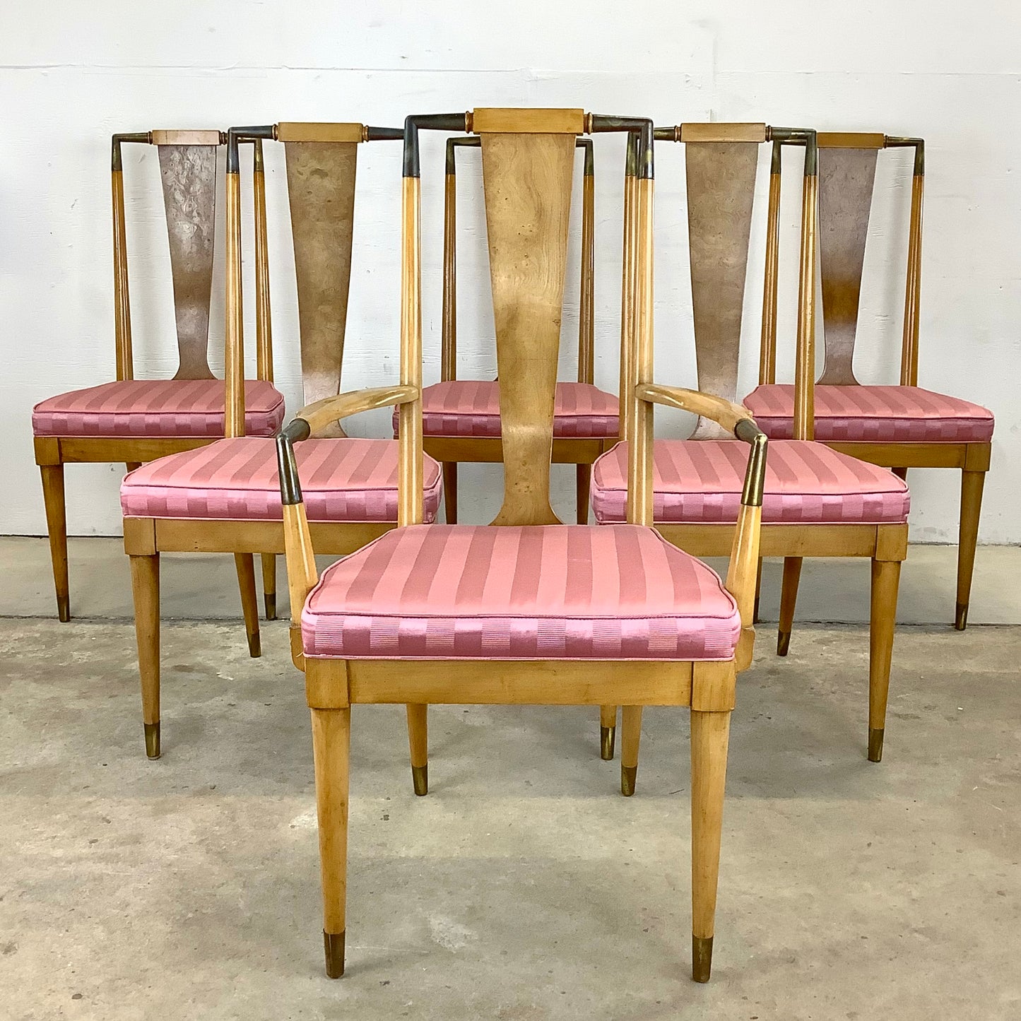 Mid-Century Modern High Back Burlwood Dining Chairs- Set of Six