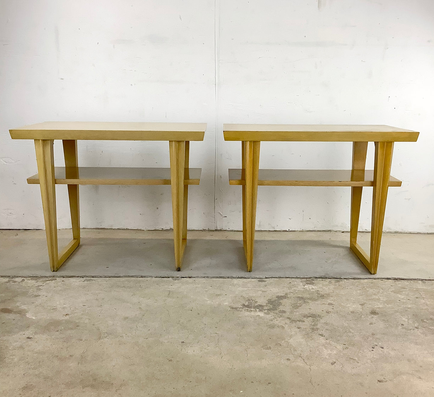Vintage Modern Two Tier Blonde Side Tables- Pair