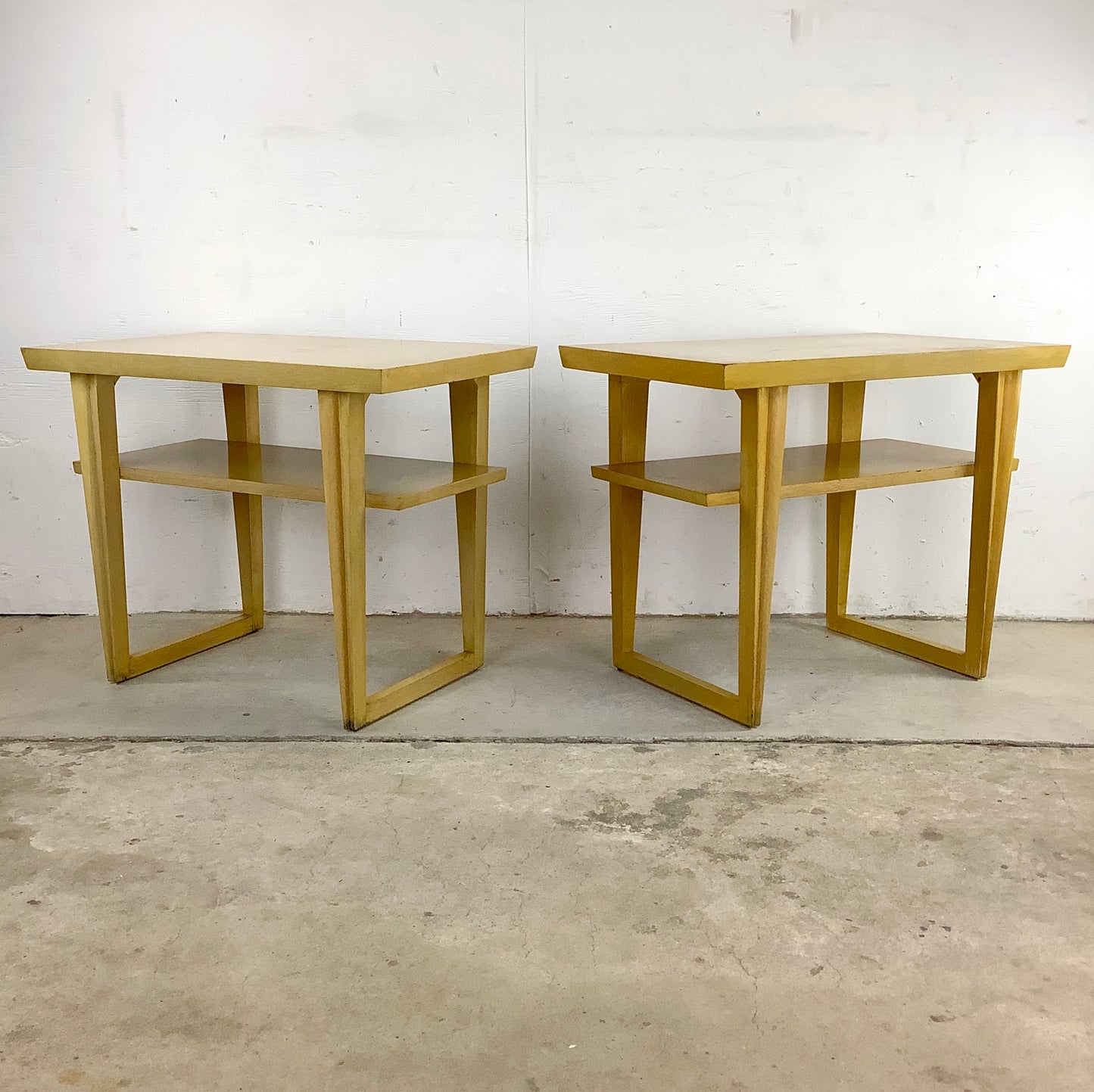 Vintage Modern Two Tier Blonde Side Tables- Pair