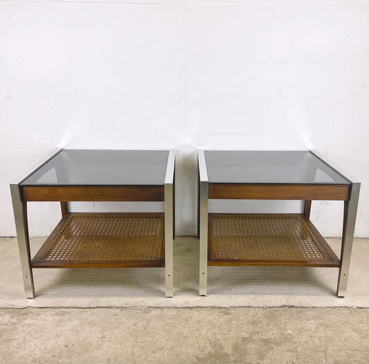 Mid-Century Lamp Tables With Smoked Glass and Cane Shelf