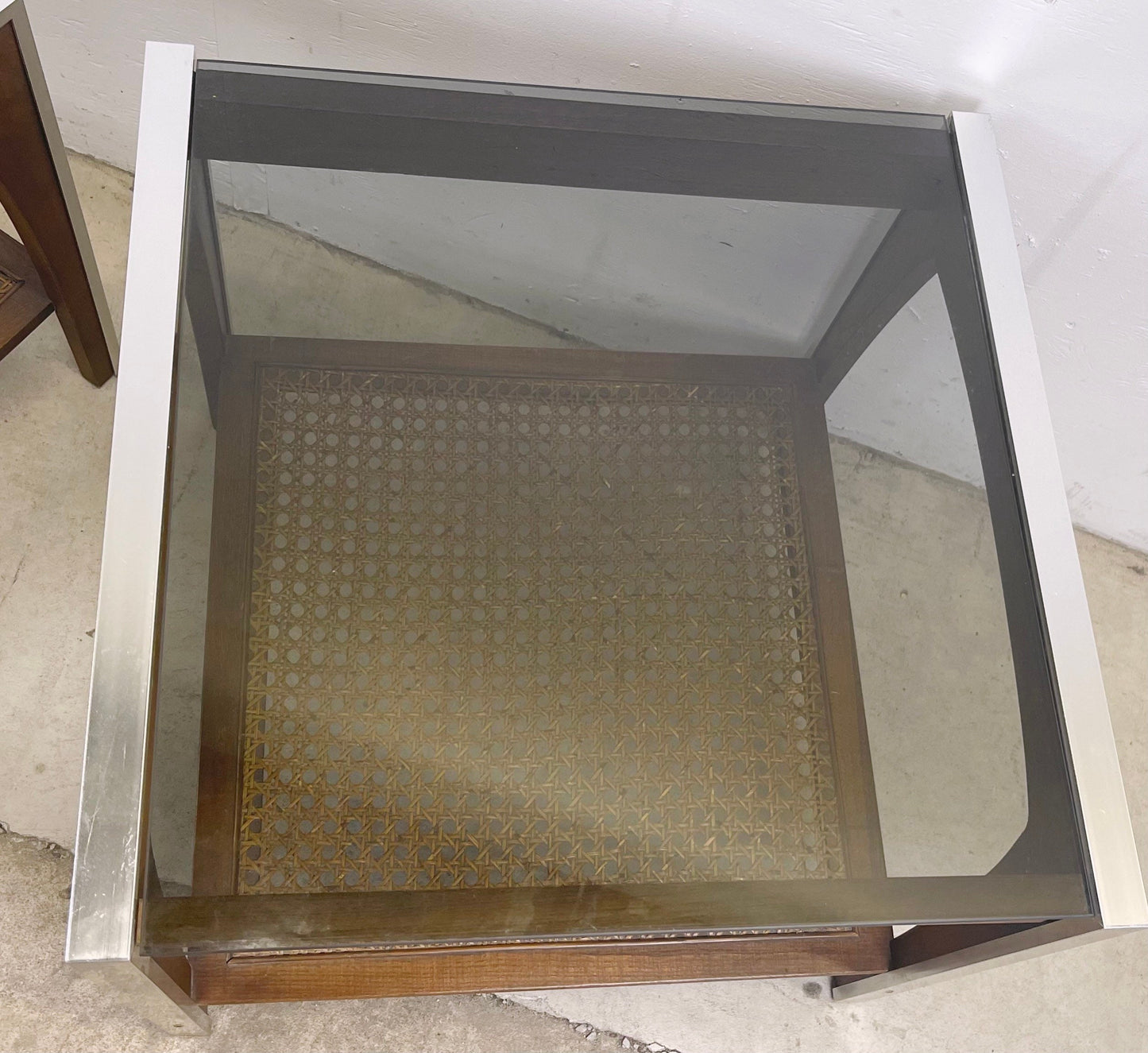 Mid-Century Lamp Tables With Smoked Glass and Cane Shelf