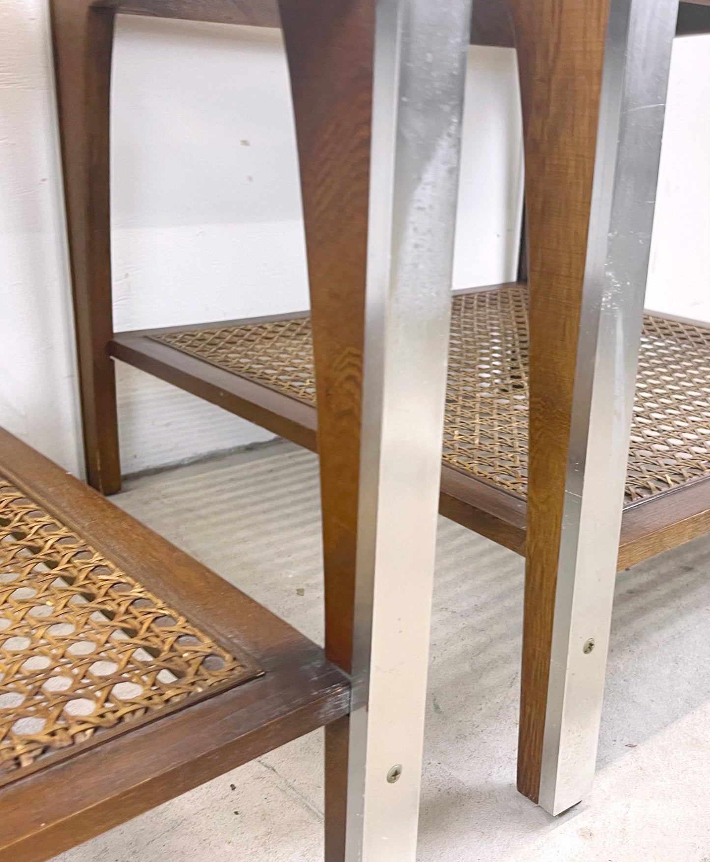 Mid-Century Lamp Tables With Smoked Glass and Cane Shelf