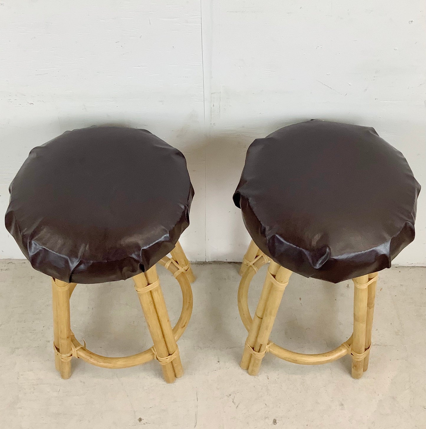 Pair Vintage Modern Bamboo Barstools