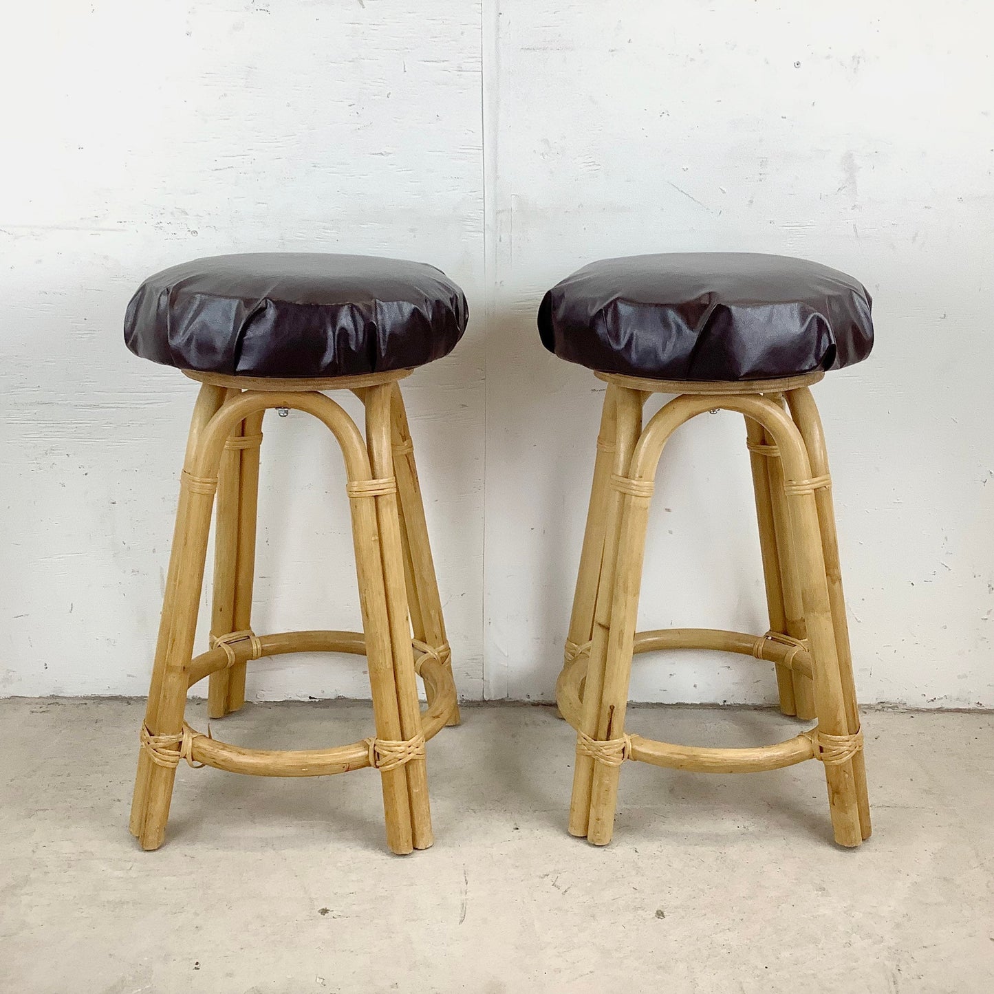 Pair Vintage Modern Bamboo Barstools