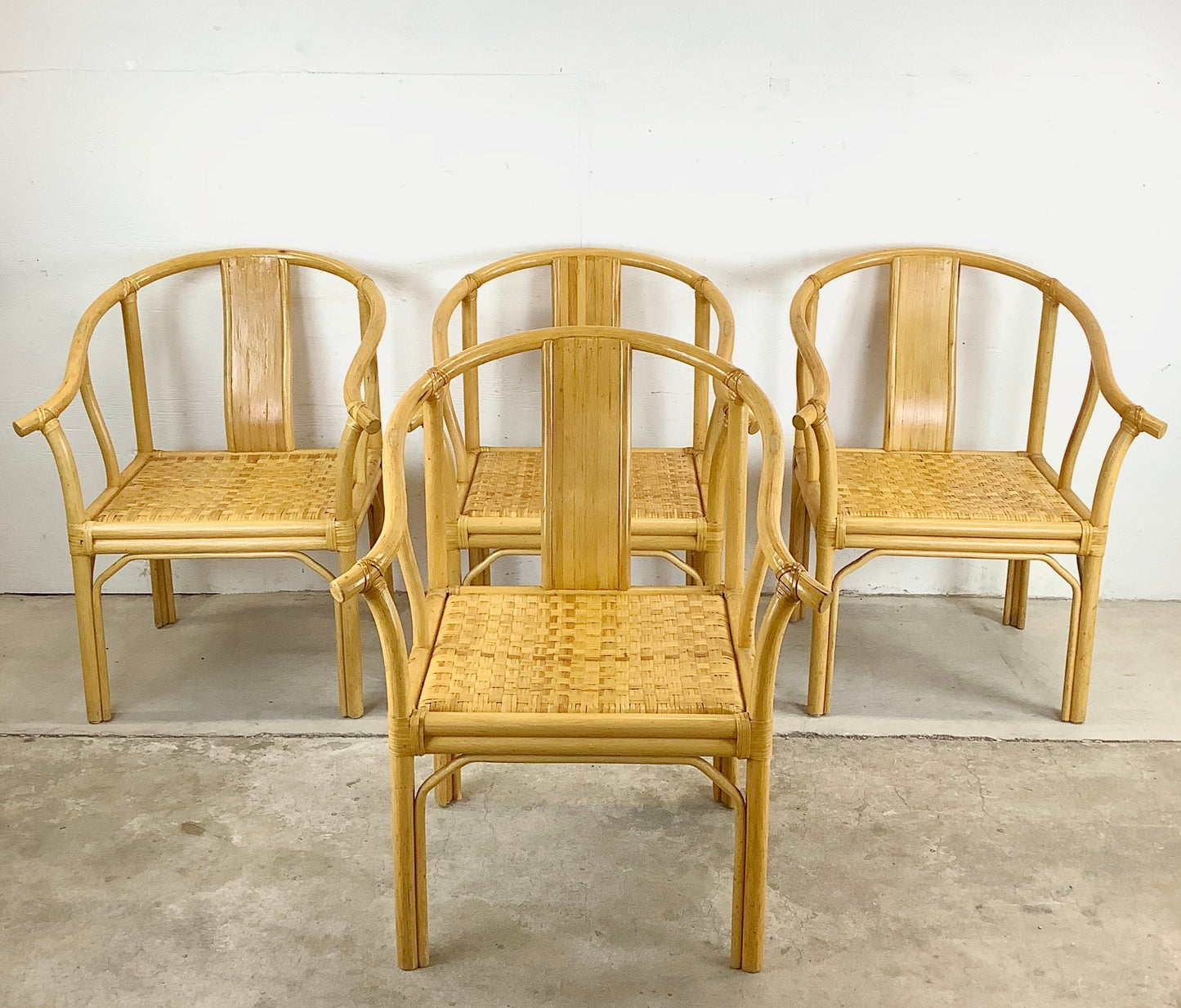Vintage Boho Modern Bamboo Armchairs- Set of Four