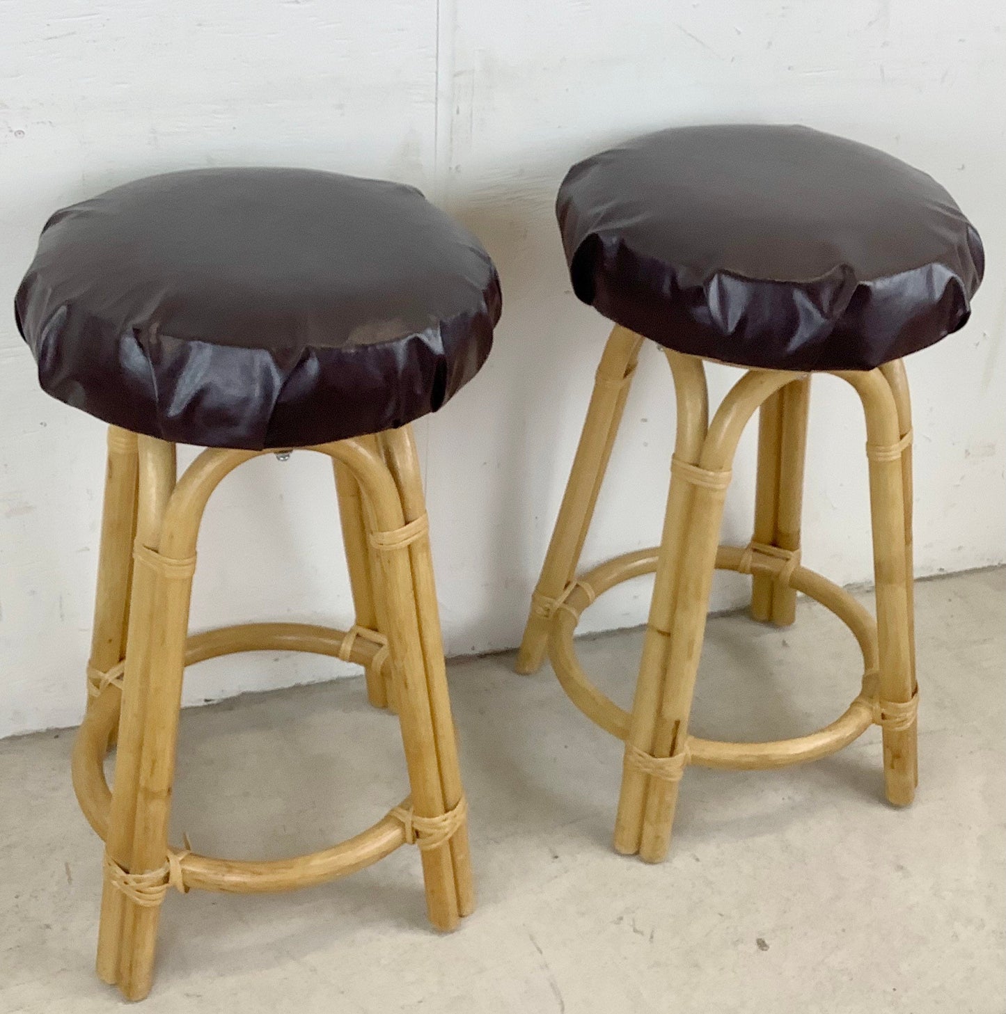 Pair Vintage Modern Bamboo Barstools